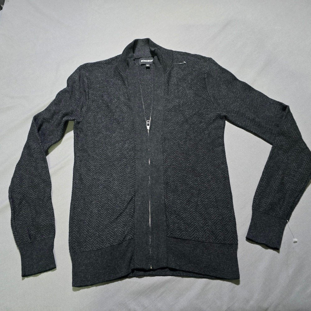 Bonobos Full Zip Cardigan Men XS Charcoal Grey Herringbone Cotton Cashmere